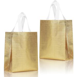 16 Pcs Metallic Bling Small Gift Bags Bulk with Cardboard Bases, Glossy Gold Reusable Party Bags for Birthday, Wedding, Christmas, Parties- 10.2x3.9x8.3 In