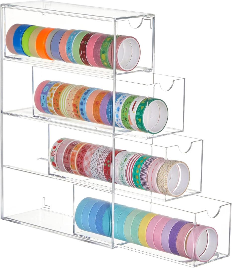 Chunful 1 Pack Acrylic Washi Tape Organizer, Clear Washi Tape Storage Holder with 4 Sliding Drawers, Desk Accessories Display Caddy Craft Box for Scrapbooking Art Craft Supplies