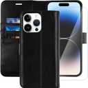 MONASAY Wallet Case Compatible for iPhone 14 Pro Max 5G, 6.7-inch, [Glass Screen Protector Included] [RFID Blocking] Flip Folio Leather Cell Phone Cover with Credit Card Holder, Black