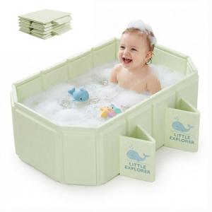 Foldable Baby Bathtub for Ages 06, Portable Toddler Bathtub for Shower, Collapsible Kids Bath Tub with 4 Support Legs, Anti-Slip Bottom & Dual Drain Holes, Space-Saving Travel Bath (Light Green)
