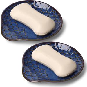 Ceramic Soap Dish, Set of 2 Bar Soap Holder, Shower Soap Dish Soap Saver Tray for Bathroom Kitchen Sink, Stylish and Easy to Clean (Vintage Blue)