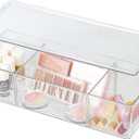 Clear Plastic Storage Bin with Lid&3 Divided Compartments, Stackable Lidded Transparent Long Storage Container Box for Organizing Makeup,Stationery,Snacks,Pantry,Closet,Dresser,Bathroom (145,53,5")