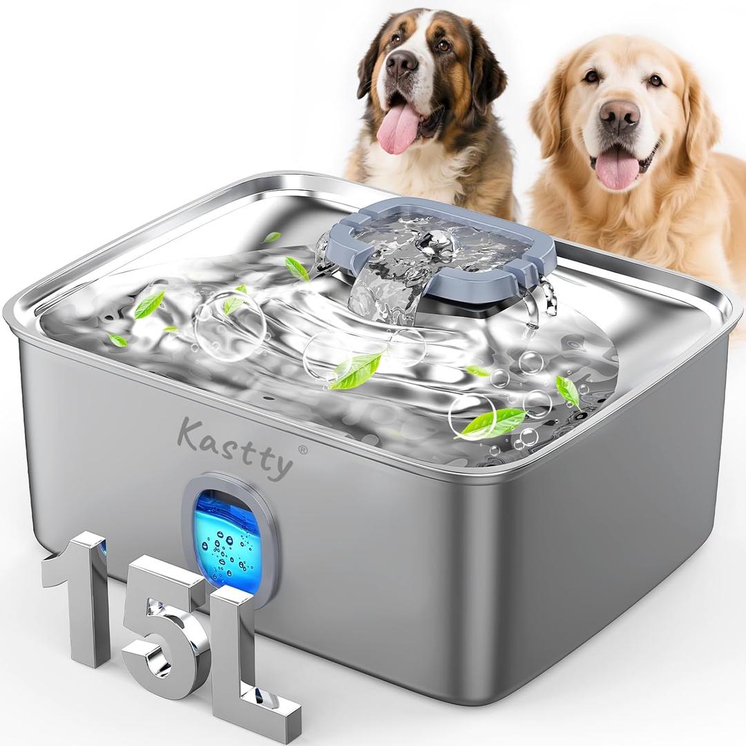 Kastty 3.96 Gal Dog Water Fountain for Large Dogs,15L Stainless Steel Dog Water Bowl Dispenser Triple Filtration,Ultra Quiet Automatic Pet Water Fountain with Water Level Window and LED Light(FS76)