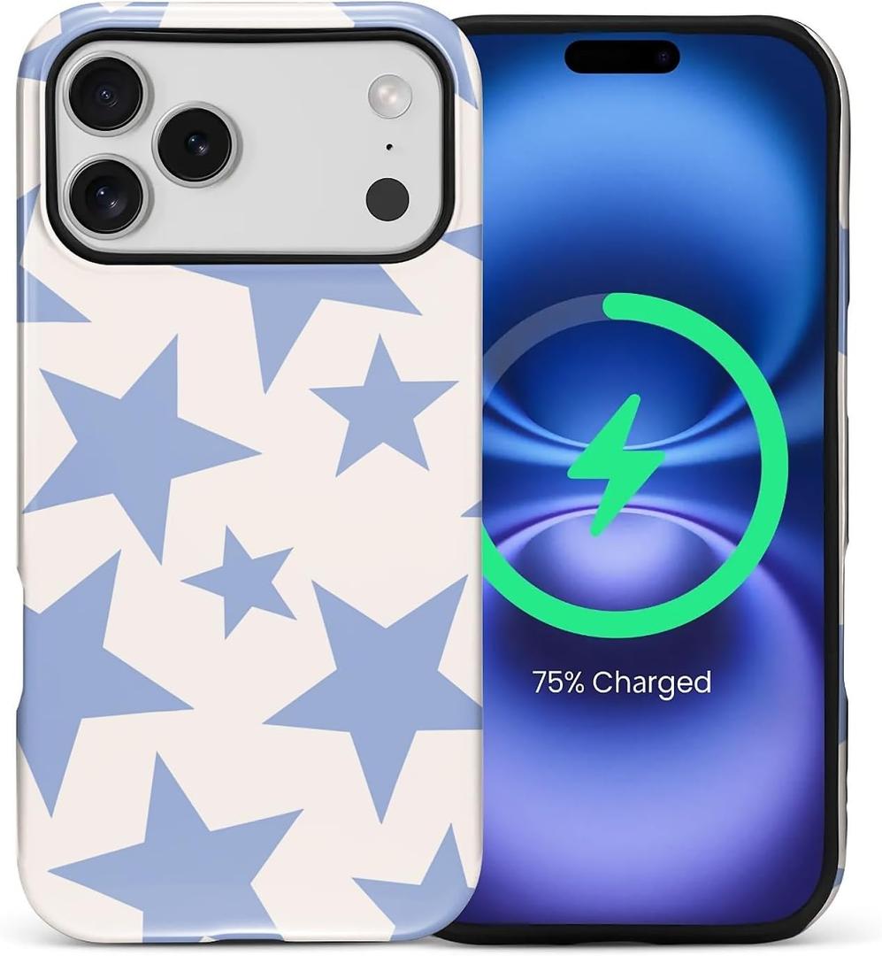 for iPhone 17 Pro Max Case for Women Girl Men Boy, Compatible with MagSafe, Shockproof Soft Silicone & Hard PC Shell Protective Case for iPhone 17 Pro Max - Light Blue Stars