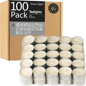 HomeLights Unscented White Tealight Candles -100 Pack, 6 to 7 Hour Burn Time Smokeless, Mini Votive Paraffin Candles with Cotton Wicks for Shabbat, Weddings, Christmas, Home Decor