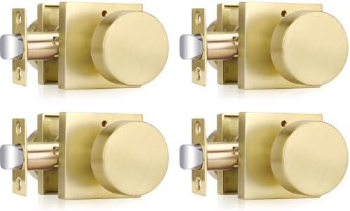 Haidms Gold Door Knobs Interior Privacy, Heavy Duty Square Brushed Gold Interior Door Knobs for Bedroom Bathroom, Brushed Brass Door Knob (2 Pack)