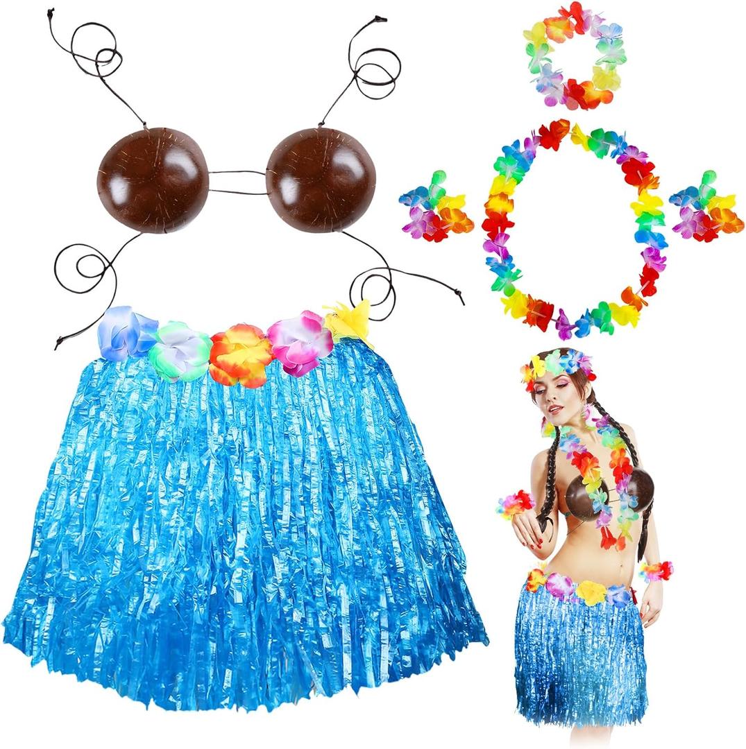 Tigeen 6 Pcs Coconut Bra Hawaiian Grass Hula Skirt Costume Set Dance Leis Outfit for Women Luau Party Supplies,15.7 Inch (Blue)