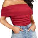 SAUNGKUAI Women's Short Sleeve Bodysuit Off the Shoulder Mesh Ruched One Piece Body Suits Summer Outfits (X-Large, Red)