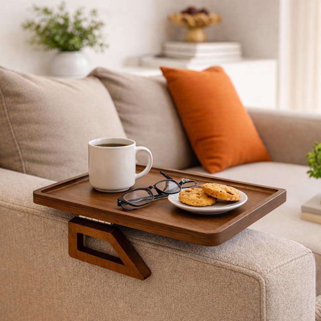 Sofa Table Tray - Bamboo Couch Armrest Table Universal Fit - Sofa Table With Non-Slip Pads to Keep Things in Place -13 x 9.5 Inch Armrest tray table for couch (Brown)