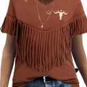 Western Vintage Shirt Cowgirl Outfit: Women Fringe Graphic Tees Rodeo Short Sleeve Tshirt Summer Vacation V Neck Tops (X-Large, Vintage Brown)