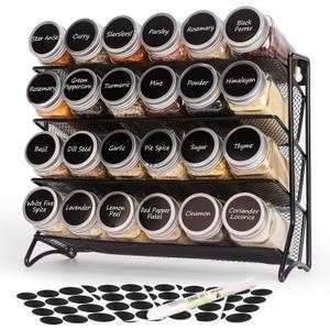 DIDITIME Spice Rack Organizer with 24 Glass Jars and 60 Labels, 4-Tier Seasoning Organizer for Cabinet, Countertop, Pantry or Wall Mount, Rust-Resistant Carbon Steel Spice Jar Set with Marker