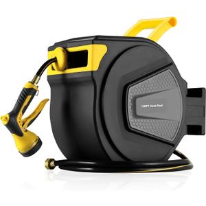 TLGREEN Retractable Garden Hose Reel, 1/2in x 100 ft Water Hose Reel Wall Mount Heavy Duty, Rewind Storage, 9-Function Sprayer Nozzle, Any Length Lock, Slow Return System, 180Swivel BracketYellow (Black)