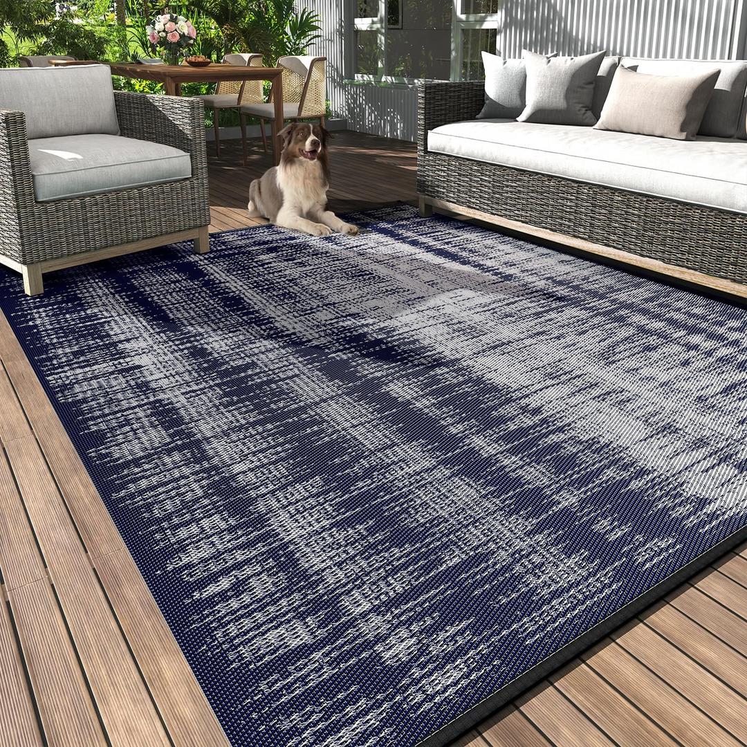 MontVoo Outdoor Rug Waterproof 5x8 ft Outdoor Carpet Patio Rug Mat Reversible RV Camping Rug Plastic Straw Outside Rug for Balcony Porch Deck Picnic Beach Modern Navy