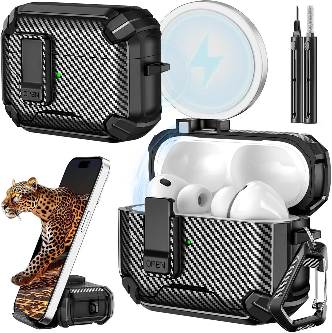 Inesore for AirPods Pro 3 Case (2025) with Phone Stand & Cleaning Kit,Compatible with Magsafe,Magnetic Automatic Lock Cover for AirPods Pro 3rd Generation