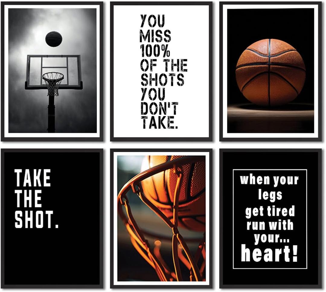 6Pcs Basketball Canvas Wall Art Inspirational Sport Theme Painting Picture Wall Decor Black White Basketball Motivational Quotes Poster Print Artwork for Teen Boys Kids Room Decor (poster, 8x10in)