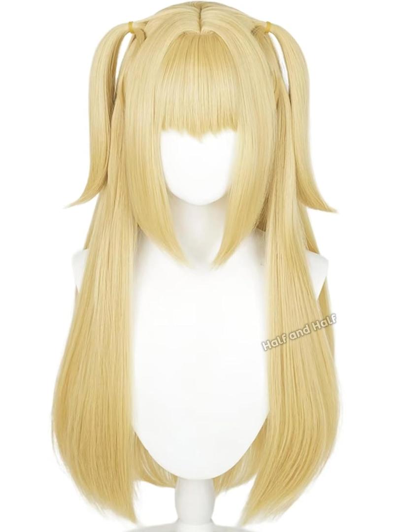 Half and Half MisaAmane Cosplay Wig Long Blonde Anime Ponytail Wigs with Bangs 27.5'' Light Golden Pigtails Gothic Wigs for Halloween Party Daily