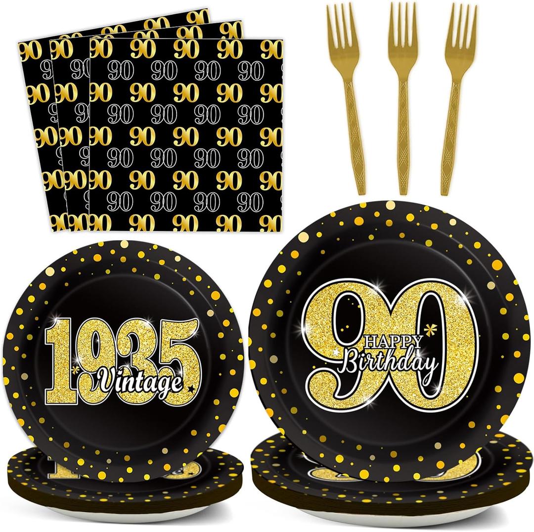 96PCS 90th Theme Birthday Party Tableware Vintage 1935 Party Supplies 90 Year Old Birthday Party Decorations Plates Napkins Forks Black and Gold Dinnerware Favors for Men or Women