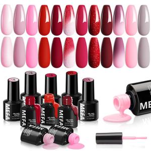 MEFA Gel Nail Polish Set, 12 Colors Burgundy Red Gel Polish Set Shimmering Red Pink Glitter Nail Polish Soak Off Rosy red Nude Gifts for Women Girl DIY Salon Home Manicure