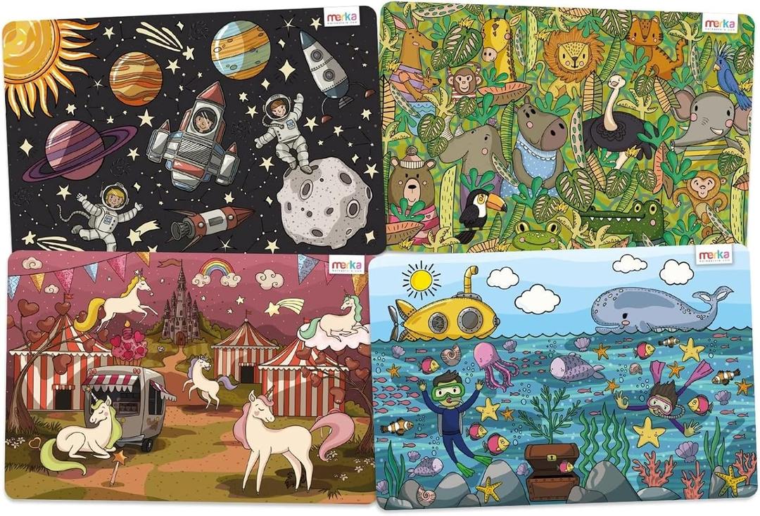 Merka 4 Pack Kids Placemats for Dining Table, Plastic Placemats for Kid, Reusable & Wipeable, Set of 4 Ocean Space Jungle Unicorns for Ages 2 and Up