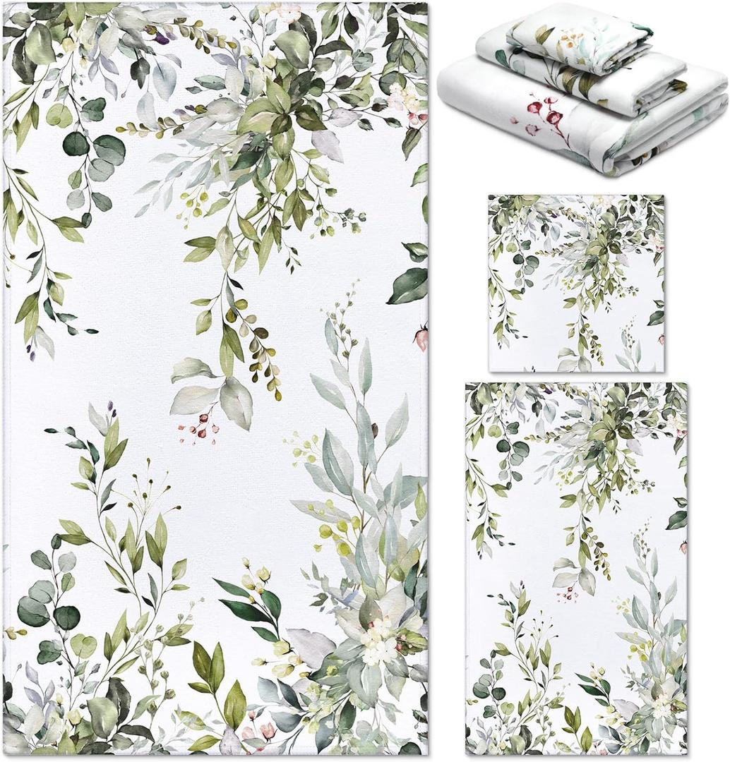 Preboun 3 Pack Sage Green Eucalyptus Bathroom Towels Set Spring Leaves Hand Towels Spring Floral Bath Decor Green Plant Dish Absorbent Fingertip Wash Cloth for Kitchen Bathroom Gym Spa Home