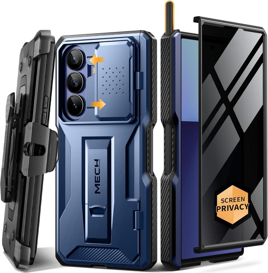 TONGATE for Z Fold 7 Case with Stylus & Pen Holder, [Built-in Privacy Screen Protector & Slide Camera Cover][Anti Spy] Military Grade Drop Stand Case for Samsung Galaxy Fold 7 with Belt Clip,Navy Blue