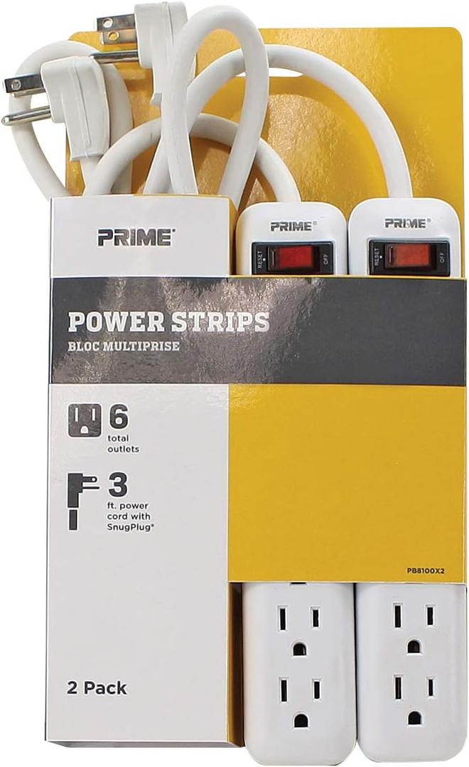 Prime Wire & Cable PB8100X2 6-Outlet Power Strip with Right Angle Plug and 14-3 SJT 3-Feet Cord, 2-Pack,White