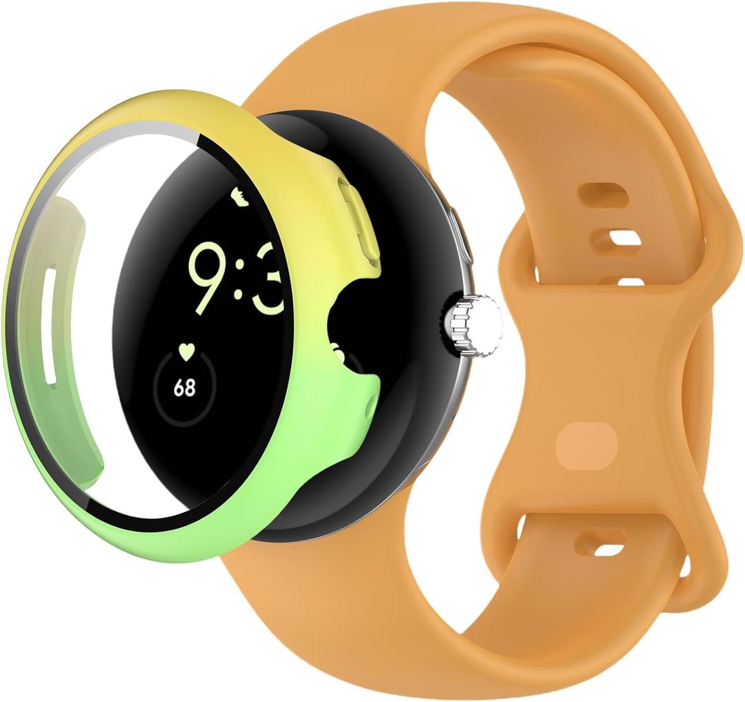 Compatible for Google Pixel Watch 3 41mm 45mm Watch Band with Case, Protection Cover Soft Silicone Breathable Strap for Pixel 3 Watch Men Women (Yellow Green)