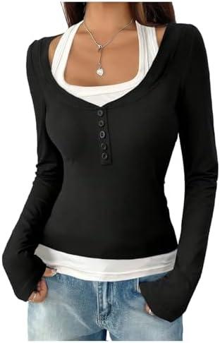 SOLY HUX Women's Long Sleeve Shirts Y2K Going Out Tops Halter Neck Slim Fitted Henley T Shirts Fall Clothes XL