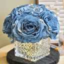 Artificial Rose in Glass Vase Vintage Silk Flower Arrangement with LED Light for Table Centerpiece Home Wedding Decoration (Dusty Blue)