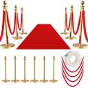 6Pcs Stanchions and Velvet Ropes with 15ft Red Carpet,Complete Crowd Control Barriers Set with 4 Red Velvet Ropes & Stainless Steel Posts for Party, Wedding, Event Supplies,Gold