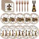 Avezano 96 pcs Easter Plates and Napkins Disposable Happy Easter Paper Plates Dinnerware set Buffalo Plaid Brown Bunny Eggs Tableware Serves 24