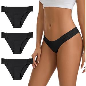 Women's Period Underwear Seamless No Show Invisible Lace Leakproof Menstrual Bikini Panties 3-Pack (Black Truffle)