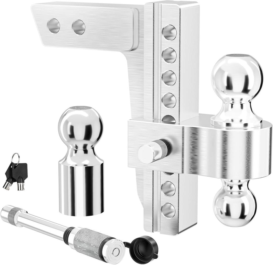 Adjustable Trailer Hitch Ball Mount Fit 2" Receiver(Upgraded Version), Tri Solid Ball 1-7/8", 2" and 2-5/16" (12,500 LBS GTW), Heavy Duty Aluminum Drop Hitch (8" Drop & Rise) with 2 Locking Sets (silver)