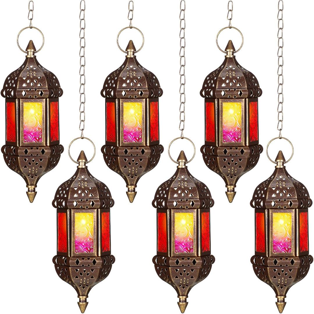 Retisee 6 Pcs Hanging Moroccan Lantern Hexagon Decorative Moroccan Candle Lantern Holders Hanging Candle Holder Indoor Outdoor for Patio Weddings Christmas Decoration