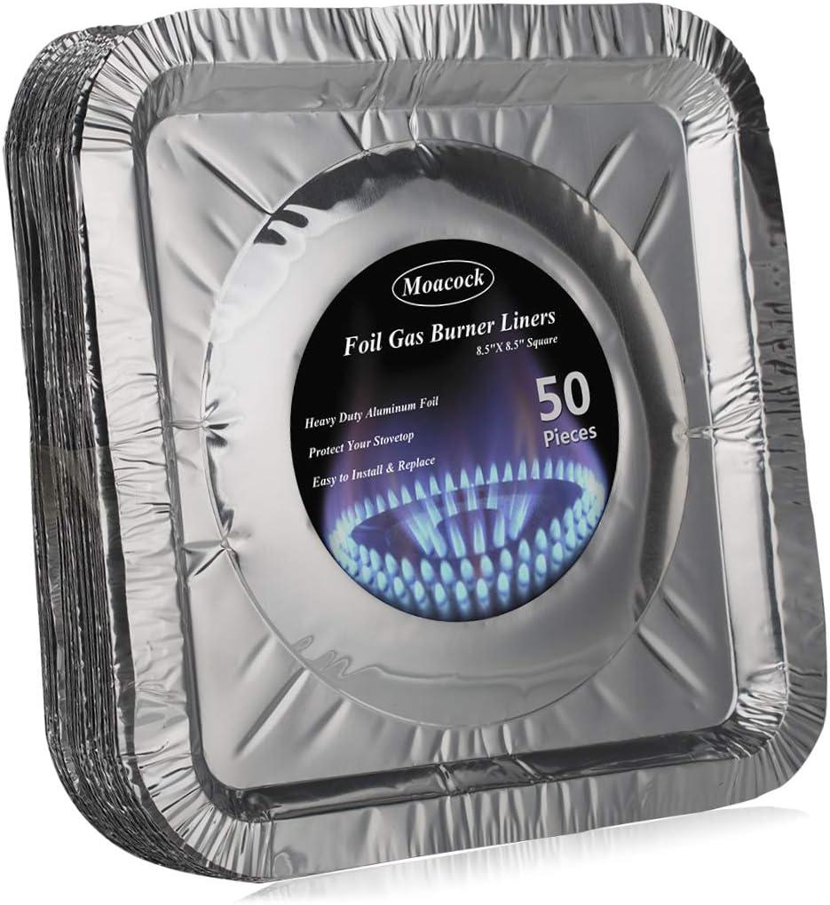 MOACOCK 50 Pack Aluminum Foil Square Stove Burner Covers Disposable Heavy Thick Quality Bib Liners Drip Pans Gas Range Top Protectors 8.5