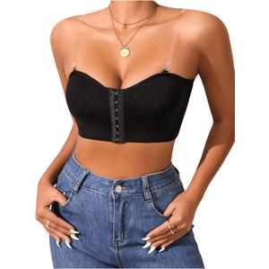 WDIRARA Women's Front Closure Strapless Bra Hollow Out Bandeau Bralette Comfort Wireless Bras with Clear Straps L