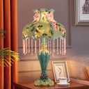 Green Victorian Table Lamp European Style Fabric Desk Lamps with Fringe Beaded Lampshade Painted Resin Base Handmade Vintage Flower Bedside Night Light for Bedroom Living Room Office