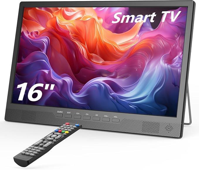 Desobry 16" Small Smart TV, LCD Small Kitchen TV with WiFi, Bulit-in 180°Adjustable Stand/ ATSC Tuner/ HDMI/ USB/ AV for Camping, Bedroom, RV, Patio, Indoor & Outdoor Use