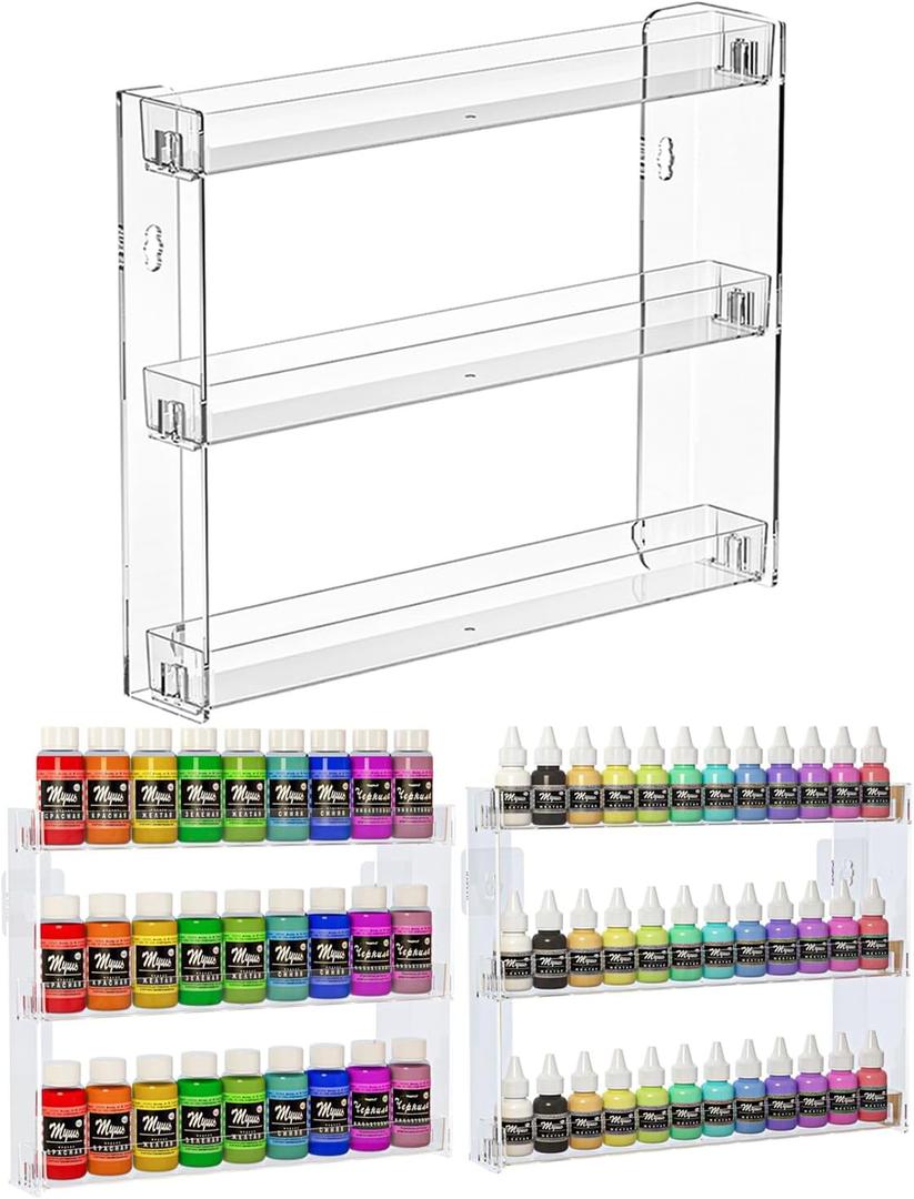 2Pack 3 Tier Display Rack, Clear Paint Rack Wall-Mount (No Drill), Acrylic Craft Paint Storage Organizer, Miniature Holder for 2oz Bottle, Nail Polish Organizer, Badges, Mini Figures (2)