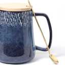 Large Ceramics Coffee Mugs,24 OZ,with Spoon and Wooden Lid,for Coffee,Tea,Large Handle Design,Microwave and Dishwasher Safe(Color:24 oz star blue set)