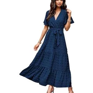 GOLDSTITCH Women's 2025 Summer Wrap V Neck Dress Short Sleeve Swiss Dot Boho Ruffle Slit Beach Party Flowy Long Maxi Dresses, Size L