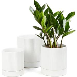 LaDoVita 2 Pack Ceramic Plant Pots 6/5/4 inch, Flowerpot for Indoor Plants with Drainage Holes and Tray, Outdoor Garden Planters, Modern Decorative for Home, White Vertical Stripes