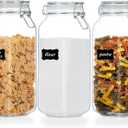Vtopmart 78oz Glass Food Storage Jars with Airtight Clamp Lids, 3 Pack Large Kitchen Canisters for Flour, Cereal, Coffee, Pasta and Canning, Square Mason Jar with 8 Chalkboard Labels