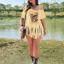 Women's Plus Size Cold Shoulder Fringe Tassel Cowgirl Graphic Short Sleeve Hippie Western T Shirt (XXL)