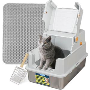TENTIZON Stainless Steel Cat Litter Box with Lid, Large Covered Enclosed Kitty Litterbox with Hood, Flip Top, High Side, Litter Mat, Scoop for Big Cats, Kitten, No Odor, No Mess, Easy Clean, Grey