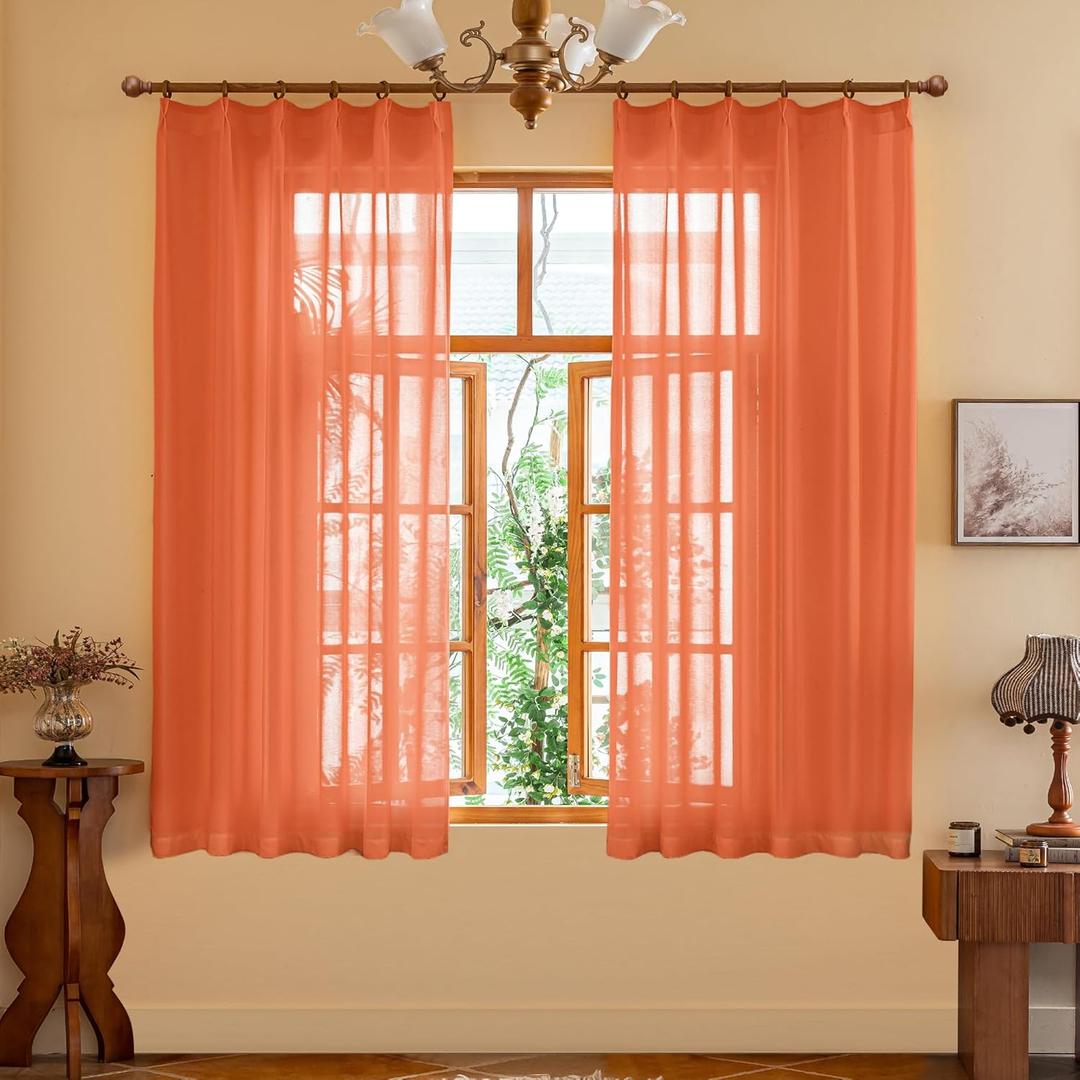 Pinch Pleated Sheer Curtains 63 Inches LongSet Light FilteringSheer Privacy Drapes with Pinch Pleated Design for Kids'Bedroom, Bathroom Window(Mandarin Orange, 42 W x 63 L, 2 Panels)