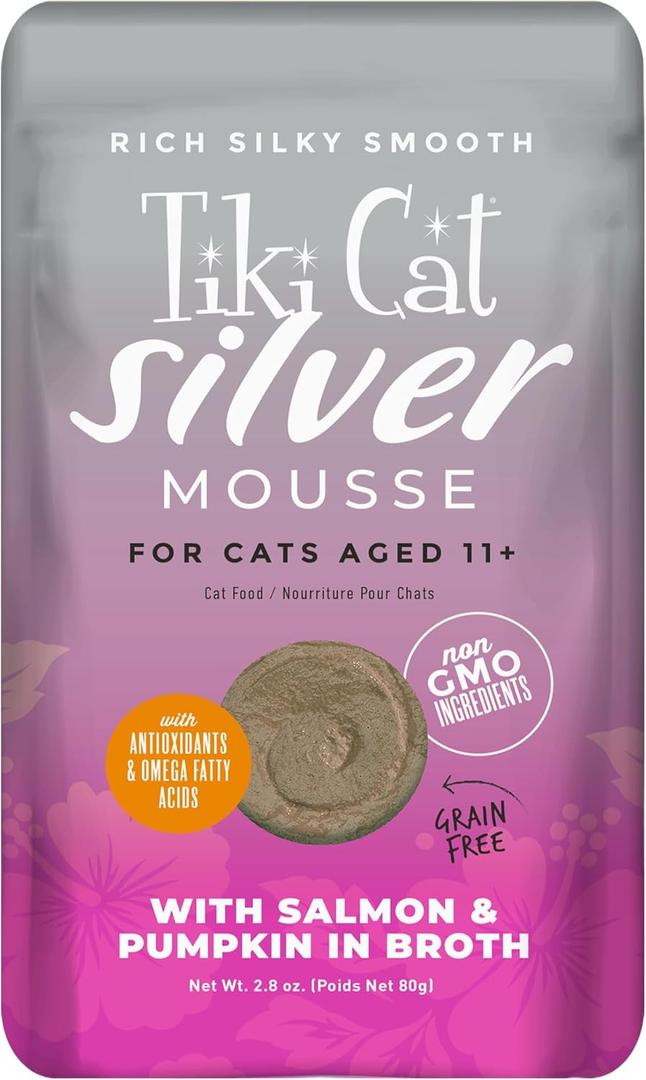 Tiki Cat Silver Mousse, with Salmon & Pumpkin in Broth, Silky Smooth Nutrient Rich Formulated for Older Cats Aged 11+, 2.9 oz. Pouch (12 Count), BB 08/08/2027