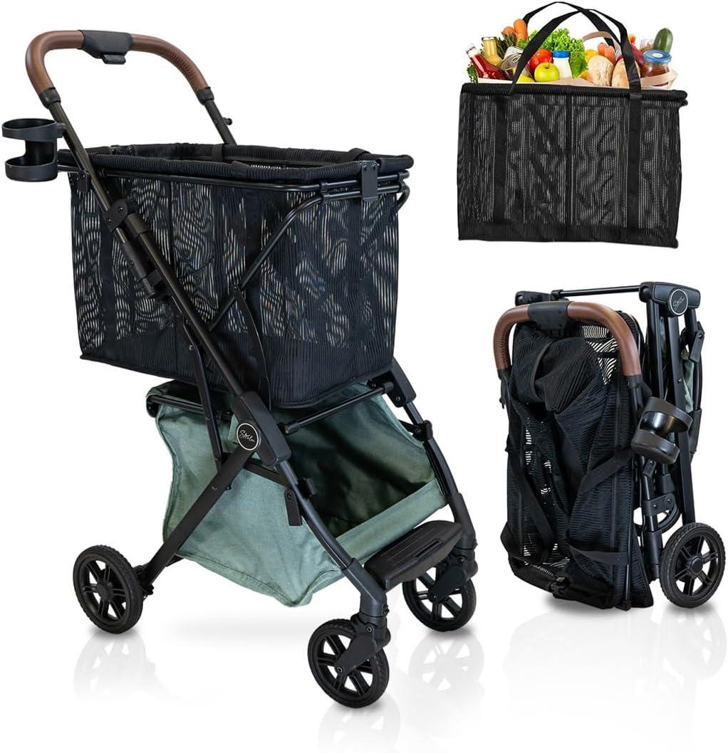 Personal Luxury Folding Shopping Cart On Premium Wheels  Ultra Lightweight Aluminum Frame  Removable Shopping Bag with Carry Strap & Lower Grocery Storage 75Lbs Capacity (Sage v2)