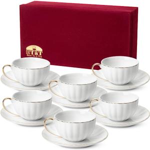 BTaT- Cappuccino Cups with Saucers 7 oz with Gift Box, Set of 6, White Porcelain Coffee Cup and Saucer Set for Latte with Golden Trim Design, Dishwasher Safe, Mocha, Tea, Mothers Day Gift