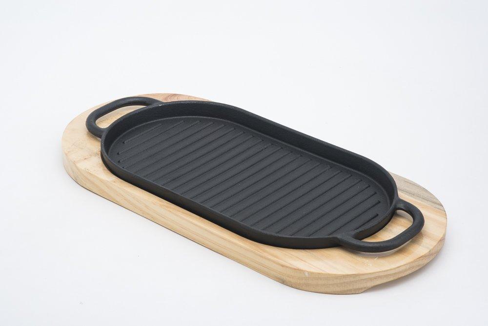 Cast Iron Sizzler Hot Serving Dish & Wooden Stand/Sizzler Plate - 12 X 6"